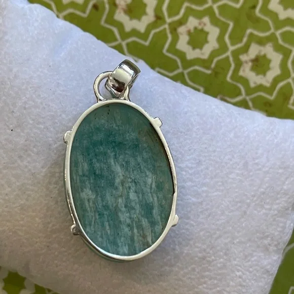 Natural Amazonite Oval Pendant – Blue Green Color Silver Plated - Brand New - Picture 5 of 7